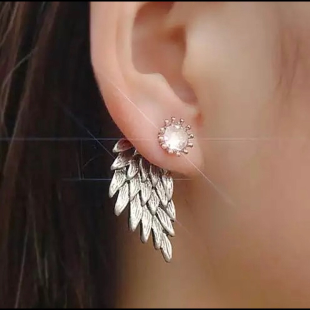 Crystal Angel Wings Front Enclosure Stud Earrings